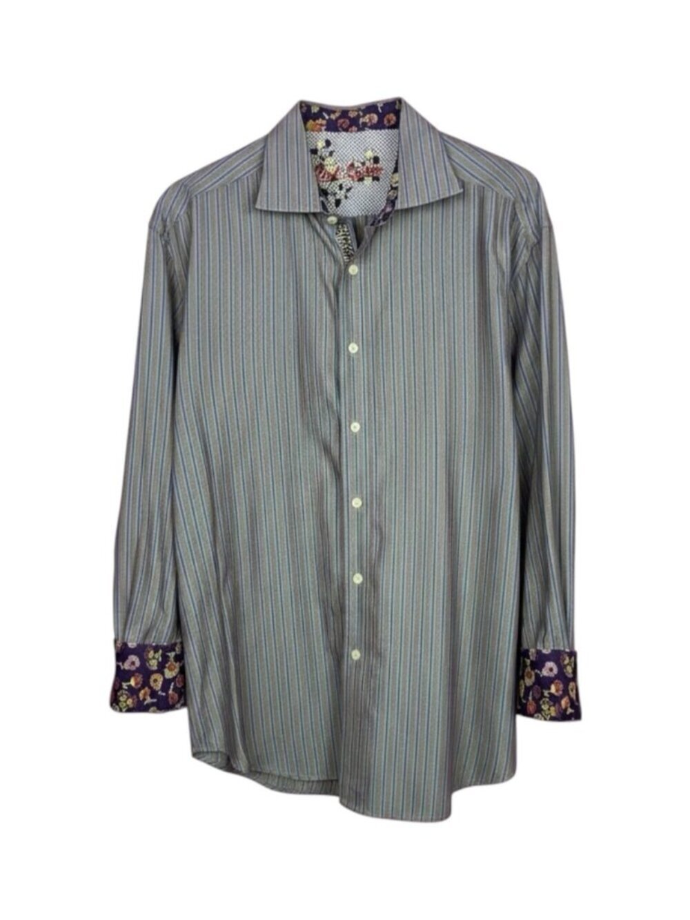 Robert Graham Stripe Button-Up Shirt Purple Floral Trim Cotton Men’s XL